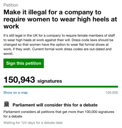 Kampaņas dalībnieki apgalvo, ka vajadzētu būt nelikumīgam, lai sievietes darbā valkātu papēžus