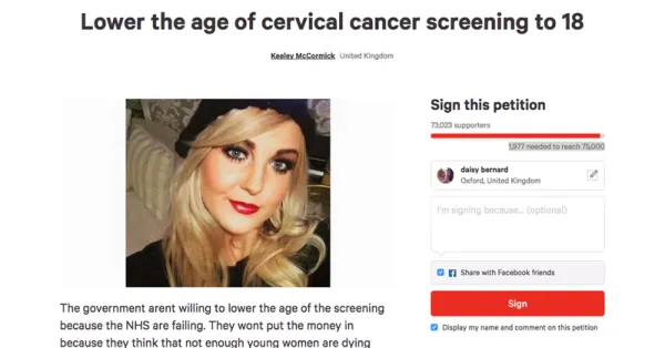 73 000 cilvēku parakstīja petīciju par dzemdes kakla vēža skrīninga vecuma samazināšanu līdz 18 gadiem