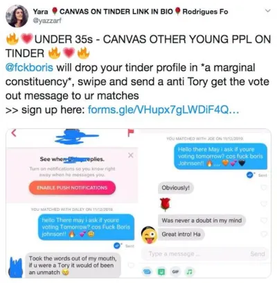 Les gens utilisent Tinder pour persuader leurs matchs de voter contre les conservateurs