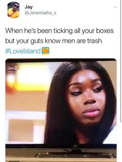 L’image contient peut-être : Love Island week two memes, Love Island, memes, reaction, tweet, funny, savage, meme, Yewande, Female, Monitor, Screen, Display, Electronics, Person, Human, Face