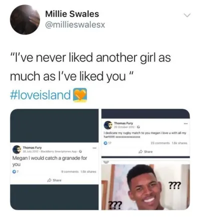 L’image contient peut-être : Love Island week two memes, Love Island, memes, reaction, tweet, funny, savage, meme, Tommy, Megan, Facebook, SMS, Id Cards, Document, Face, Human, Person, Text