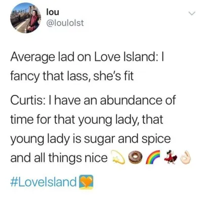 L’image peut contenir : Love Island week one memes, Love Island, 2019, Amy, Curtis, drôle, réaction, meilleur, tweet, Flyer, Affiche, Publicité, Papier, Brochure, Humain, Personne, Texte