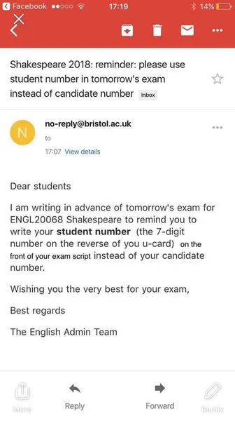ترسل جامعة البحرين بريدًا إلكترونيًا لطلاب اللغة الإنجليزية تخبرهم أن الامتحان في اليوم الخطأ