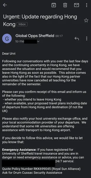 بریکنگ: شیفیلڈ یونی نے ہانگ کانگ کے تبادلے کے طلباء کو 'فوری طور پر' گھر واپس بلا لیا