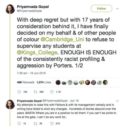 Le Dr Gopal accuse King's College Porters de racisme