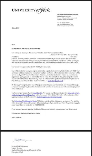 L'Université de York s'excuse après que le courrier indésirable ait laissé les étudiants confus quant à l'échec de leur diplôme