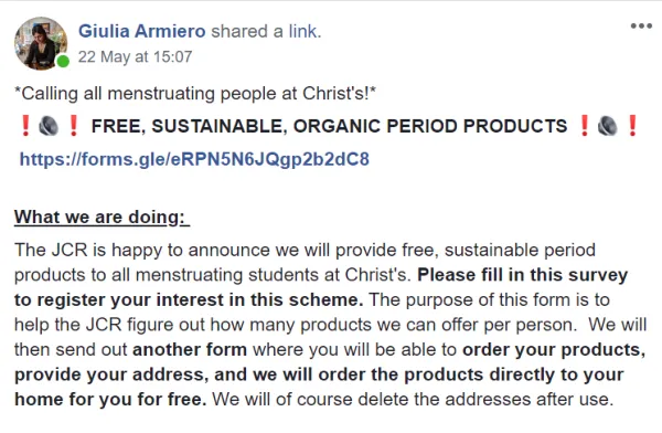Šie koledžo JCR siunčia nemokamus menstruacijų produktus tiesiai į jūsų duris uždarymo metu