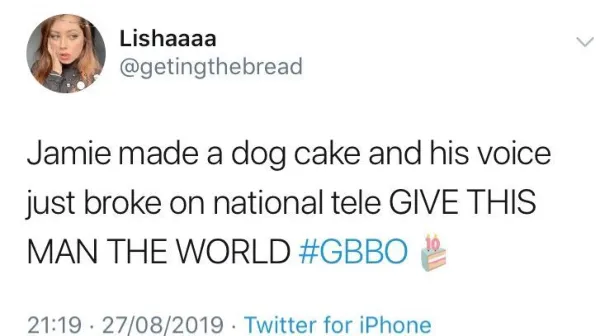 L’image peut contenir : Great British Bake Off memes, GBBO, Bake Off, meme, épisode 1, Great British Bake Off, Jamie, gâteau, chien, tweet, Mot, Texte, Humain, Personne